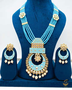 Baby Blue colour meenkari with kundan work pendant Long rani haar with pearl wor&hellip;