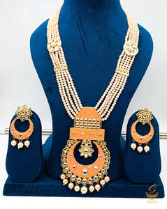 Pastel Peach colour meenkari with kundan work pendant Long rani haar with pearl &hellip;