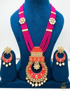 Hot Pink colour meenkari with kundan work pendant Long rani haar with pearl work&hellip;