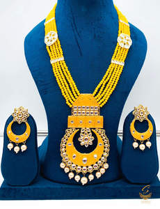 Mustard colour meenkari with kundan work pendant Long rani haar with pearl work &hellip;