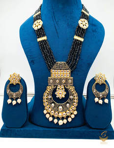 Black colour meenkari with kundan work pendant Long rani haar with pearl work se&hellip;