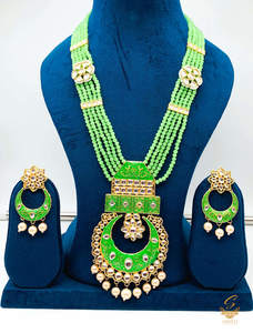 Lime Green colour meenkari with kundan work pendant Long rani haar with pearl wo&hellip;