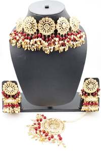Punjabi Necklace: Maroon Pearls Jadau Pipal Patti Punjabi Set With Jhumka & Tikka