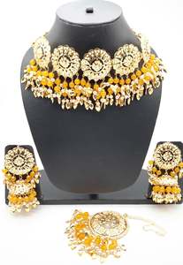 yellow Pearls Jadau Pipal Patti Punjabi Set With Jhumka & Tikka