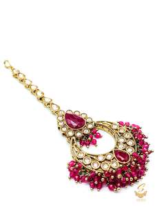 Maang Tikka And Matha Patti: Deep Maroon Pearls with Polki stone beautiful tikka