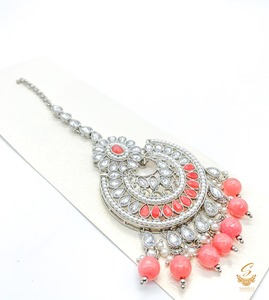 Peachy pink Pearls with Silver polki stone beautiful tikka