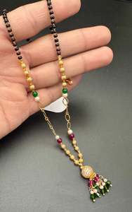 Mangalsutra: Coloured pearls with Golden Stone & Jerkan Gold Plated (Artificial) Mangalsutra With Artificial Black Beads Chain, Apx Size: 20-22 Cm