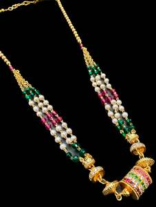 Mangalsutra: Coloured pearls with Golden Stone & Jerkan Gold Plated (Artificial) Mangalsutra With Artificial Black Beads Chain, Apx Size: 20-22 Cm