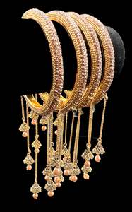 Latkan Bangles Set: Beautiful Golden fine stone shiny Brass Bangles with Beautiful Latkan set (Sample picture attached at end to show it can be customised with plain Velvet or Metal Bangles)set of 4 Bangles