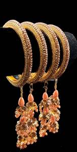 Latkan Bangles Set: Beautiful Golden fine stone shiny Brass Bangles with Beautiful Latkan set (Sample picture attached at end to show it can be customised with plain Velvet or Metal Bangles)set of 4 Bangles