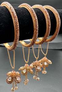 Latkan Bangles Set: Beautiful Golden fine stone shiny Brass Bangles with Beautiful Latkan set (Sample picture attached at end to show it can be customised with plain Velvet or Metal Bangles)set of 4 Bangles