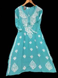Sky Blue color Very very soft Pure Rayon based lakhnavi work kurti