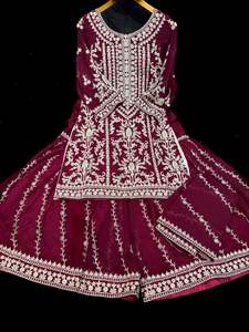 Sharara Lehnga Suits 1: (Video clip attached) Mulberry color Georgette based stone work and embroidery work kameez with sharara pants and Georgette dupatta with embroidery