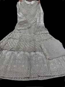 Grey color netting based golden stones and embroidery work all over front & back&hellip;