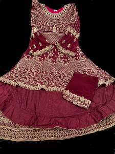 Womens: Dark Maroon color Georgette based golden stones and embroidery work all over front & back of kameez with stone work and beautiful lehnga & Georgette dupatta (Size 42 and can be altered upto 44)