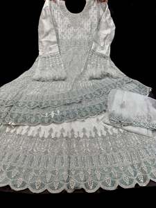 Womens: Netting based silver stones and embroidery work all over front & back of kameez with stone work and beautiful lehnga & netting dupatta (Size 44 and can be altered upto 46)