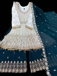 Pastel Baby Blue & peacock blue color georgette based stones and embroidery work&hellip;