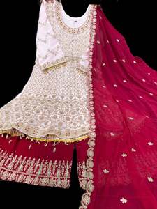 Pastel Pink & Dark Ruby color georgette based stones and embroidery work all ove&hellip;