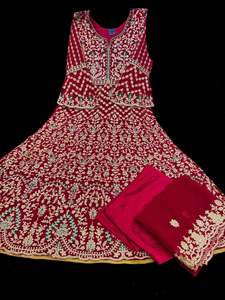 Womens: (Video Clip attached) Maroon color georgette based stones and embroidery work all over front & back of kameez & long Jacket with stone work & georgette dupatta (Size 40 and can be altered upto 42)
