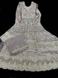 Womens: Thistle color Netting based Golden stones and embroidery work all over front & back of kameez & long Jacket with stone work and beautiful lehnga & netting dupatta (Size 42 and can be altered upto 44)