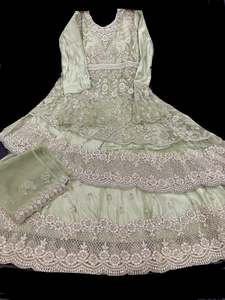 Womens: Pastel Mint color Netting based Golden stones and embroidery work all over front & back of kameez & long Jacket with stone work and beautiful lehnga & netting dupatta (Size 42 and can be altered upto 44)