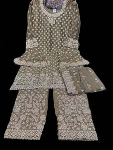 Sand color Netting based Golden stones and embroidery work all over front & back&hellip;