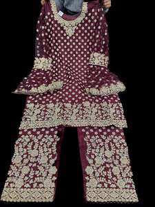 Womens: Mahogany Brown color Netting based Golden stones and embroidery work all over front & back of kameez with stone work and beautiful plazo pants with Long heavy work jacket& netting dupatta (Size 42 and can be altered upto 44)