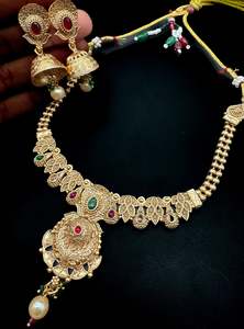 Mat look antique gold traditional necklace with pearls and kundan work & Jhumka
