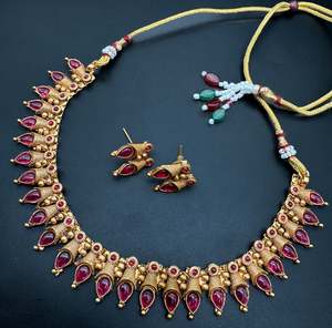 Mat look antique gold traditional necklace set with pearls and kundan work