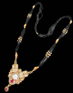 Jewellery: Polki Stone & Jerkan Gold Plated (Artificial) Mangalsutra With Artificial Black Beads Chain, Apx Size 15 inches length