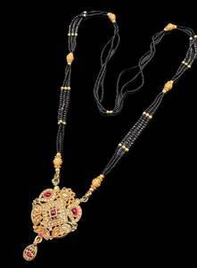 Jewellery: Polki Stone & Jerkan Gold Plated (Artificial) Mangalsutra With Artificial Black Beads Chain, Apx Size 15 inches length