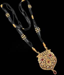 Jewellery: Golden Polki Stone & Jerkan Gold Plated (Artificial) Mangalsutra With Artificial Black Beads Chain, Apx Size 15 inches length