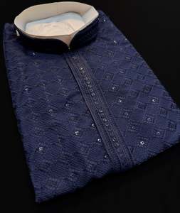 Guru Shirts Or Kurta: Nevi Blue color rayon based Chikankari with sequinned work Men’s short length kurti (31 inches - 36 inches)according to sizes