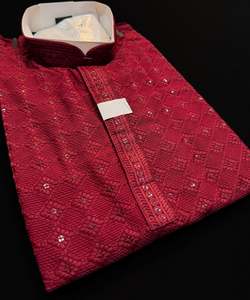 Maroon color rayon based Chikankari with sequinned work Men’s short length kur&hellip;