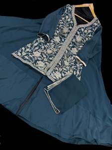 (Video clip attached) Peacock Blue color georgette based heavy hand work pearl b&hellip;