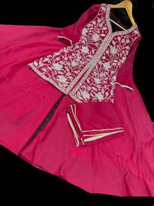 Womens: (Video clip attached) Magenta Pink color georgette based heavy hand work pearl beaded work with big flared plazo and georgette dupatta (size 38 and can be altered upto 40)