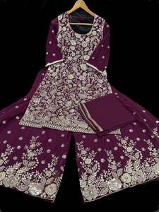 Womens: Georgette based all over stones with Mirror work & embroidery work kameez with embroidery work big flared plazo and georgette dupatta with embroidery work (size 38and can be altered upto size 40)