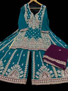(Video clip attached) Teal color georgette based heavy embroidery work with mirr&hellip;