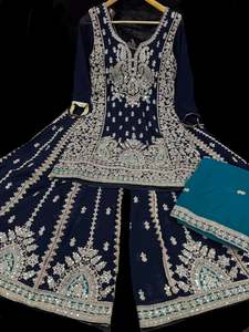 Womens: (Video clip attached) Dark Blue color georgette based heavy embroidery work with mirrors & stone work kameez with heavy embroidery work sharara pants and cobtrast color georgette dupatta with embroidery border