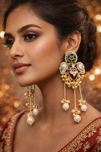 Jewellery: (Video clip attached )Lite Weight Trending Kashmiri Earrings /Elegant traditional jhumka earrings crafted with a high-quality alloy base, featuring intricate antique gold-look detailing, delicate pearl accents,Ghunghrooand a beautifully carved drop stone
