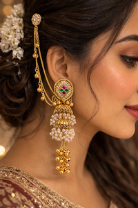 Jewellery: (Video clip attached)Trending Kashmiri Earrings/Traditional Bridal Jhumka with Antique Gold Finish & Kundan Stones (Ruby & Green tones) Pearl Beads and Decorative Hair Chain (Sahara)
