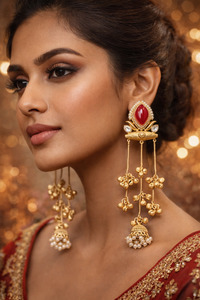 Jewellery: (Video Clip attached)Trending Kashmiri Earrings /Premium antique gold-look finish with delicate handcrafted detailing and hanging ghungroo chains for a graceful traditional look