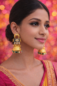 Jewellery: (Video clip attached) Trending Kashmiri Earrings /Statement gold-look jhumka earrings featuring delicate carvings and vibrant bead drops for a rich traditional style with multicolour pearls and Ghunghroo