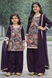 Kids: Purple Wine color Pure and soft georgette based multicoloured embroidery work kameez with Punjabi salwar and dupatta