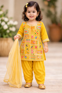 Kids: Mustard color Pure and soft georgette based multicoloured embroidery work kameez with Punjabi salwar and dupatta