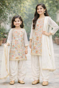 Kids: Cream color Pure and soft georgette based multicoloured embroidery work kameez with Punjabi salwar and dupatta
