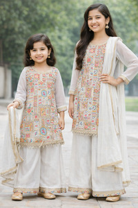 Kids: Cream color Pure and soft georgette based multicoloured embroidery work girls flared plazo suit with dupatta