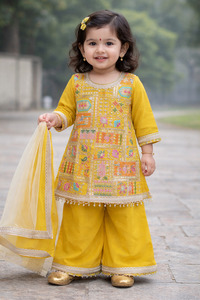 Kids: Mustard Yellow color Pure and soft georgette based multicoloured embroidery work girls flared plazo suit with dupatta