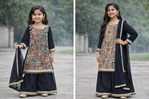 Kids: Black color Pure and soft georgette based multicoloured embroidery work girls flared plazo suit with dupatta