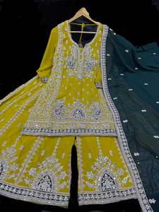 Sharara Lehnga Suits 1: (Video clip attached) Bumblebee yellow color georgette based heavy embroidery work with mirrors & stone work kameez with heavy embroidery work sharara pants and georgette dupatta with embroidery border
